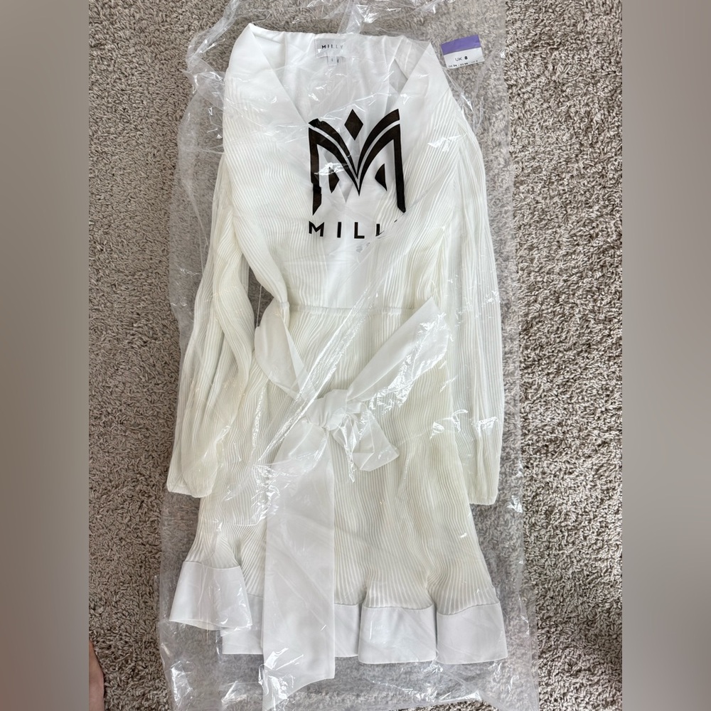 NWOT Milly Liv Long-Sleeve V-Neck Pleated Belted Mini Dress - Picture 15 of 16